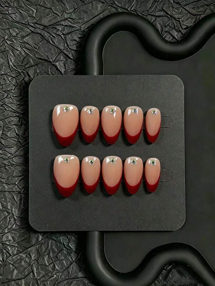 10pcs Handmade Press-On Nails, Short Almond Shape. Nude & Burgundy French Style With Single Rhinestone Element, Suitable For Autumn/Winter And Daily Wear, Comes With Full Set Of Manicure Tools, Perfect For Women's Personal Use Or Gift - Red - View 1