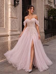 VIPGIRL New Elegant Off Shoulder Mesh Slit Luxury Evening Dress - Pink - View 4