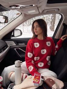Suéter de mujer con estampado de Papá Noel rojo, top de punto acanalado de manga larga, suéter casual de invierno para vacaciones con cuello redondo corto - Rojo - Ver 3