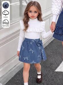 Girls Sweet Ruffle High Neck Knitted Top & Bow Print Denim Split Skort 2pcs Set, Spring Autumn Fashion - White - View 2