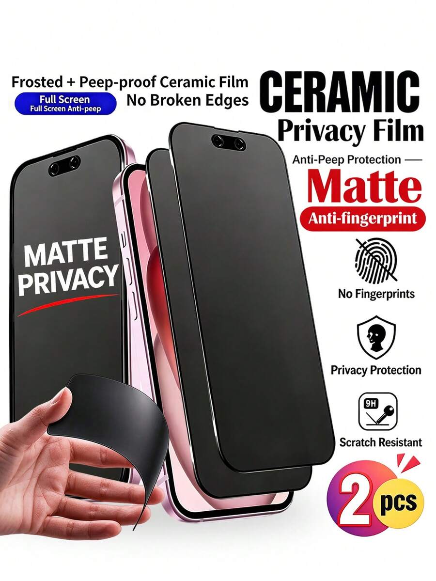 MSRI 2pcs Matte Privacy Ceramic Soft Screen Protector, 28° One-Way Anti-Peeping Privacy Protection, Matte Finish Effectively Reduces Outdoor Strong Light Reflection And Glare; Fine Frosted Surface With Smooth Touch, Zero Delay For Mobile Gaming; Electroplated Hydrophobic Coating Repels Sweat And Fingerprints, Flexible Material Resistant To Cracking And Peeling, Compatible With IPhone Duo/18 Pro Max/18 Pro/18/17e/17 Pro Max/17 Pro/17 Air/17/16 Pro Max/16 Pro/16 Plus/16/15 Pro Max/15/14/13/12 And Other Models. - Black - View 1