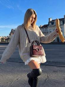 Women's Solid Color Casual Loose Elegant Ribbed Cuff Split Hem Long Sleeve Crew Neck Pullover Sweater, Suitable For Home And Daily Wear, Autumn - Khaki - View 1