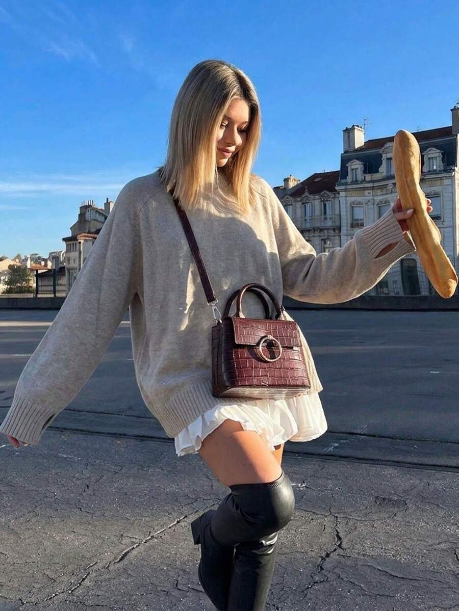 Women's Solid Color Casual Loose Elegant Ribbed Cuff Split Hem Long Sleeve Crew Neck Pullover Sweater, Suitable For Home And Daily Wear, Autumn - Khaki - View 1