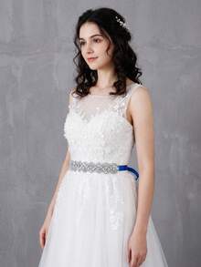 Handmade Rhinestone Bridal Wedding Dress Belt Blue Satin Cinched Waist Decor Luxury Bridesmaid Dress Waist Cincher Accessory - Blue - View 7
