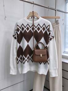 Women's Diamond Pattern Round Neck Dropped Shoulder Long Sleeve Loose Knit Pullover Sweater, Autumn Style - Brown - View 3