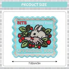 RHUAGYP 1pc "Bite The Hand That Oppresses You" Attitude Slogan Embroidered Patch, Pastoral Style Rebellious Rabbit Badge, Strawberry And Wave Border Personalized Fabric Patch, Suitable For Jacket, Backpack, Hat And Bag DIY Decoration - Multicolor - View 2