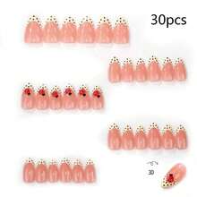 24pcs Long Almond French Press-On Nails, Polka Dot, Stripe, Ladybug Pattern Design, Acrylic Set, Summer Manicure And Polka Dot Manicure. - Multicolor - View 7