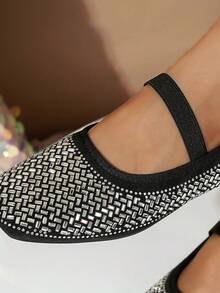 Shiny Square Toe Rhinestone Decorated Women's High Heel Pumps, Fashion Casual Comfortable Mary Jane Low Heel Slip-On Shoes For Daily Commute, Party And Outdoor Wear - Black - View 8