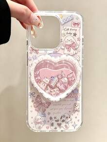 1pc Heart-Shaped Liquid Sand Magnetic Phone Stand, Cute Bow & Puppy Girly Style Transparent Air Cushion Expandable Phone Holder - Pink - View 4