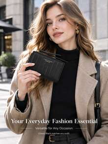 Women's Short Zipper Wallet, Ribbed PU Leather Card Holder, Solid Color Coin Purse, Black Apricot Pink - Multicolor - View 7