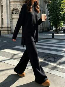 2026 Autumn New Solid Color Split Hem Loose Top & Slimming Long Pants 2 Pieces Set, Elegant Casual Home Daily Wear - Black - View 5