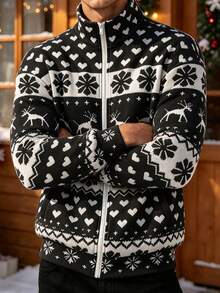 Men's Autumn/Winter Christmas Vintage Snowflake & Deer All-Over Print Zip-Up Jacket - Multicolor - View 5