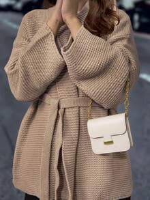 Plus Size Casual Solid Color Loose Waist Belt Straight Sleeve Versatile Cardigan Sweater - Khaki - View 4