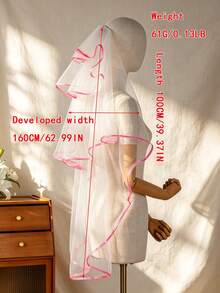 1 Pc Two-Tier Pink Satin Ribbon Edge Short Bridal Veil With Comb, Hair Accessory For Bachelorette Party, Wedding Photoshoot & Registry - White - View 7