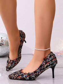 1 Pasang Sepatu Hak Stiletto Ujung Lancip Tahan Aus Berbahan Kain Tweed Kotak-kotak dengan Hiasan Rumbai, Cocok untuk Kantor, Pernikahan, dan Pesta - MultiWarna - View 3