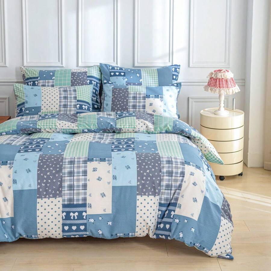 2/3pcs Boho Floral Patchwork Duvet Cover Set, Soft Brushed Polyester With Bow Print, Zipper Closure, Machine Washable, Water-Washed Denim Blue, All-Season Use For Bedroom/Home, Perfect Gift For Women & Teens - Blue and White - View 1