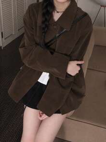 Vintage Suede Lapel Retro Workwear Long Sleeve Casual Jacket - Brown - View 9