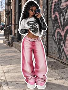 Plus Size Washed Pink Denim Wide Leg Long Pants, Non-Stretch Casual Capri Denim Jeans, Y2K Style Women's Loose Fit Pants For Daily Wear Fall - Red Violet - View 1