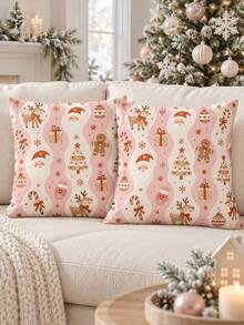 shangxia 2PCS--Pink Wavy Pattern Printed Christmas Pillow Covers, Santa Claus Reindeer Gingerbread Man Pattern Sofa Holiday Cushion Covers-- (Pillow Inserts Not Included) - Multicolor - View 4