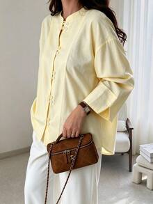 Women's Fashion Yellow Drop Shoulder Long Sleeve Stand Collar Blouse, Loose Fit Top For Spring And Autumn - Light Yellow - View 5