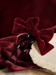 1pc Shiny Velvet Hair Stick, Elegant Minimalist Versatile Velvet Bow Hair Stick, Suitable For Parties, Gatherings, Daily Hairstyle Design - Burgundy - View 4