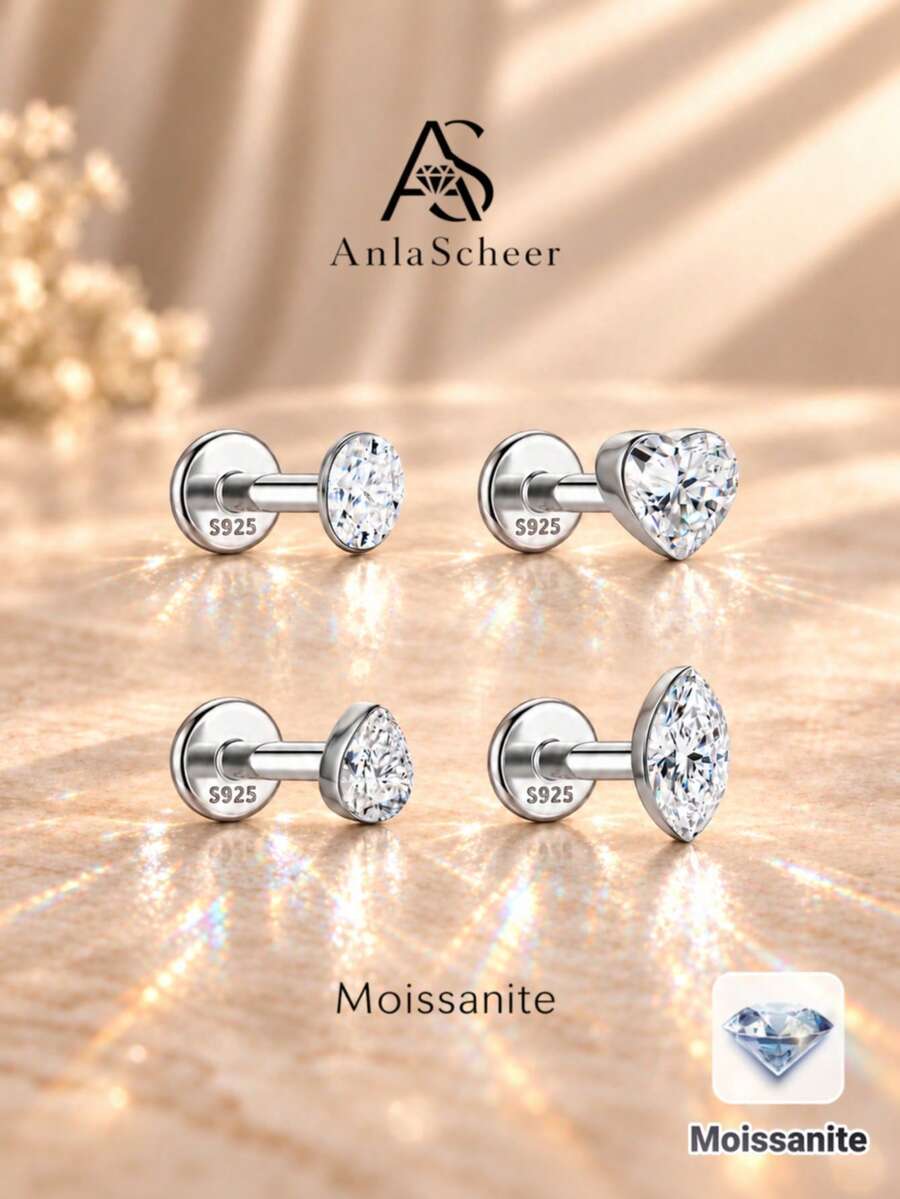 AnlaScheer 1pc Silver Tone S925 Sterling Silver Moissanite Flat Stud Earrings, Women's Fashion Piercing Jewelry, Suitable For Daily Wear, Party, Date And Gift