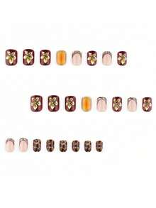 Transform Your Nails, 24pcs/Set Short Square Autumn/Winter Vintage Brown Leopard Print With Hand-Painted White Floral Pattern, Orange Tie Dye And Gold Rim Design Press-On False Nails, Includes 1pc Jelly Glue And 1pc Nail File, Make Your Fingertips Shine And Be Enchanting, Perfect For Parties, Dancing And Daily Use - Multicolor - View 2