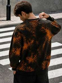 Zrgoth Halloween Tie-Dye Crew Neck Sweatshirt Ghost Pumpkin Spooky Season Print Loose Fit Men's Pullover - Black - View 3