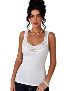 1pc Floral Lace V Neck Ribbed Tank Top For Women, Wide Strap Slim Fit Cami Top, Stretch Sleeveless Vintage Style Basic For Layering - White - View 6