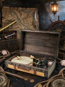 Vintage Wooden Storage Box Decorative Antique Leather Treasure Chest Retro Home Decor Photography Prop Keepsake Organizer Box - Yellow - View 6