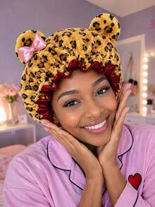 Leopard Print Plush 3D Cat Ear Bow Headband Cap, Quick-Drying Soft Sleep Cap, Suitable For Daily Nighttime Hair Care - Multicolor - View 4