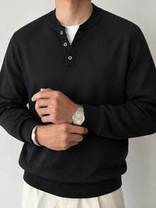 Vintage Henley Collar Knitted Sweater Men's Autumn/Winter Black 3-Button Half-Placket Simple Long Sleeve Inner Layer Knit Top - Black - View 6