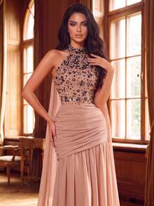Romantic Women's Long Dress, Sleeveless Halter Neck Design, Embellished With Sequins And Pearl Details, Fitted Waist, Suitable For Special Occasions - Champagne - View 6