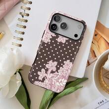 波點蕾絲花卉復古粉色優雅美學手機殼，適用於 iPhone 18 17 16 15 14 13 12 11 Pro Max - 彩色 - 查看 3
