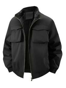 Men's Winter Workwear Jacket, Thermal Lined, Thickened, Stand Collar, Multi-Pocket, Warm Inner Fleece Casual Jacket - Black - View 6