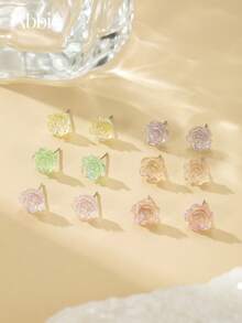 6 Pairs Iridescent Crystal Gradient Rose Mixed Color Stud Earrings Set, Resin Glitter 3D Flower Earrings, Fashion Jewelry Gift For Women Daily Wear, Dating And Travel - Multicolor - View 1