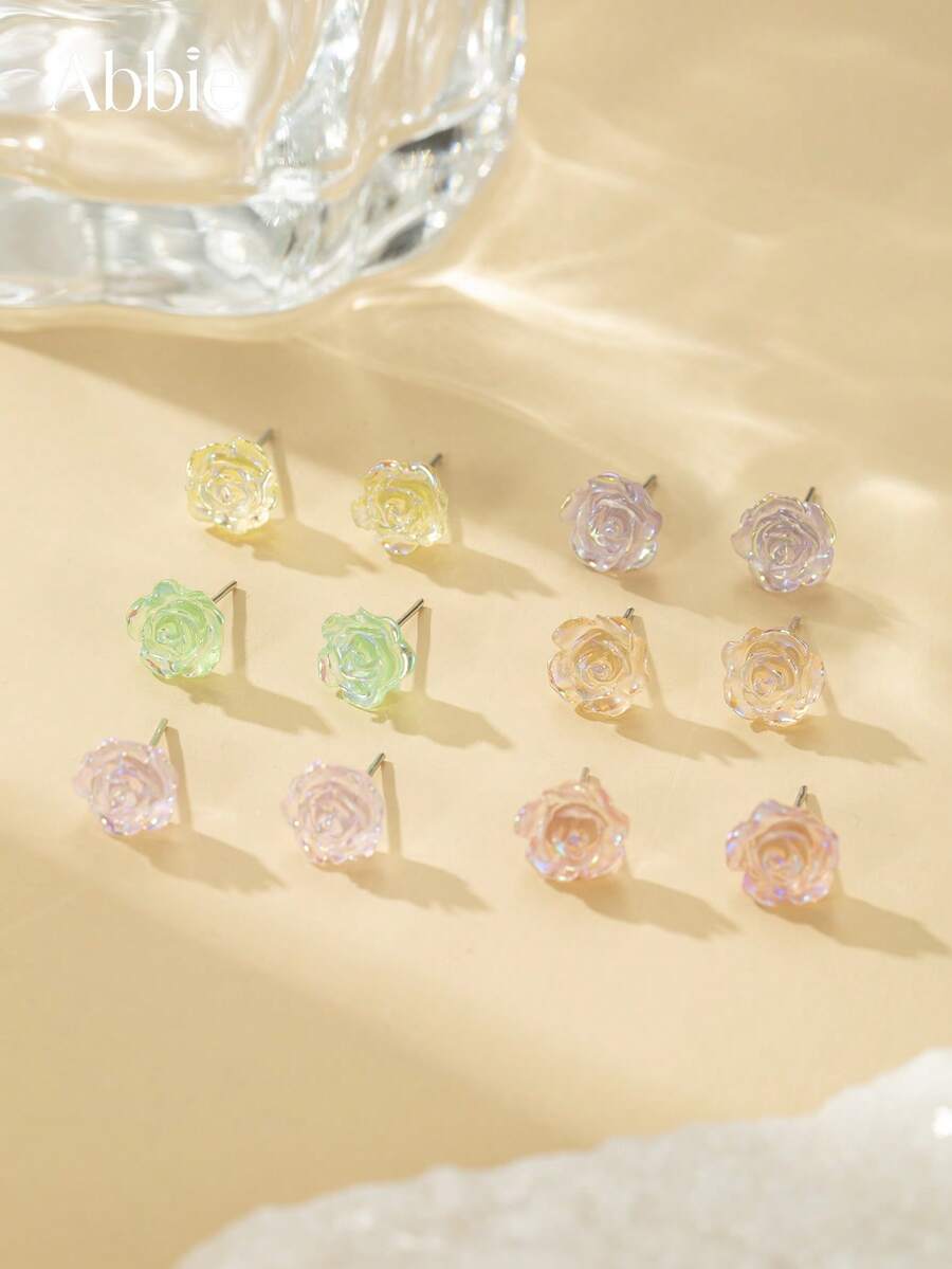 6 Pairs Iridescent Crystal Gradient Rose Mixed Color Stud Earrings Set, Resin Glitter 3D Flower Earrings, Fashion Jewelry Gift For Women Daily Wear, Dating And Travel - Multicolor - View 1