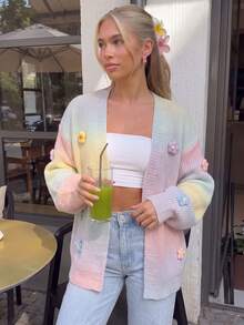 Dam kort stickad cardigan för höst/vinter, söt och färgglad, med blomapplikation, lång ärm, ribbad, för lager-på-lager, avslappnad, mångsidig, för daglig pendling, konstnärlig och mjuk - Multifärgad - Visa 4