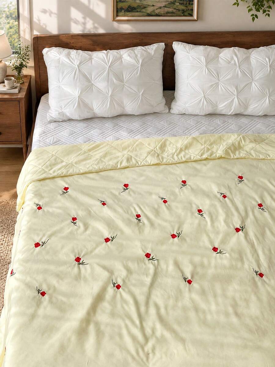 Rose Embroidered Quilted Bedspread - Yellow - View 1