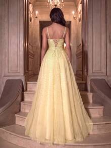 Elegant Strapless Beaded Top Layered Tulle Ruffle Long Dress With Sheer Train, Suitable For Photography, Beach Vacation, Resort, Evening Party - Champagne - View 2