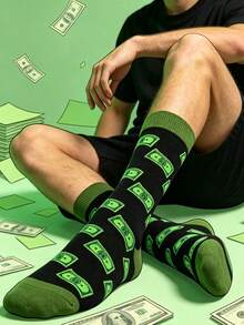 1 Pasang Kaos Kaki Pria Motif Dolar Setinggi Betis, Dasar Hitam dengan Desain Koin Hijau, Elastis dan Nyaman. Gaya Netral, Cocok untuk Semua Musim, Sempurna untuk Pemakaian Sehari-hari dan Sebagai Hadiah. - MultiWarna - View 2