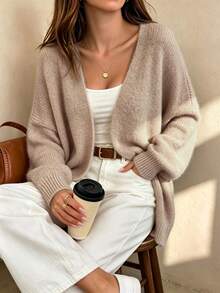 Freeform Plus Size Women Solid Color Autumn/Winter Knitted Cardigan, High Elasticity Loose Long Sleeve Sweater Jacket, Suitable For Daily Versatile Casual Commute, Elegant Fashionable Autumn/Winter Outfit Occasions, Light Khaki - Light Khaki - View 1