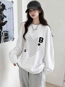 Women's Fashion Autumn/Winter Loose Minimalist Versatile Letter & Heart Print Long Sleeve T-Shirt - White - View 1