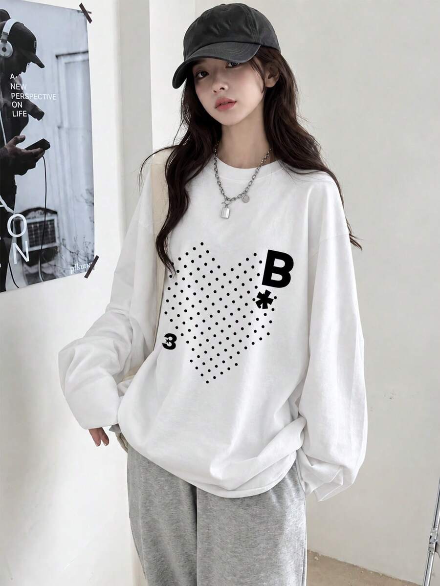 Women's Fashion Autumn/Winter Loose Minimalist Versatile Letter & Heart Print Long Sleeve T-Shirt - White - View 1