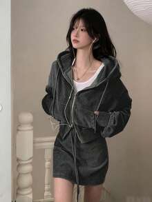 YCYC Women's Autumn Vintage Corduroy Hooded Jacket + Drawstring High Waist Skirt 2 Pieces Set - Black - View 1