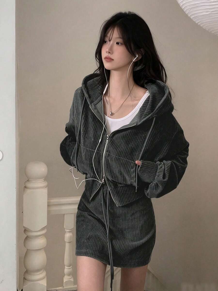 YCYC Women's Autumn Vintage Corduroy Hooded Jacket + Drawstring High Waist Skirt 2 Pieces Set - Black - View 1