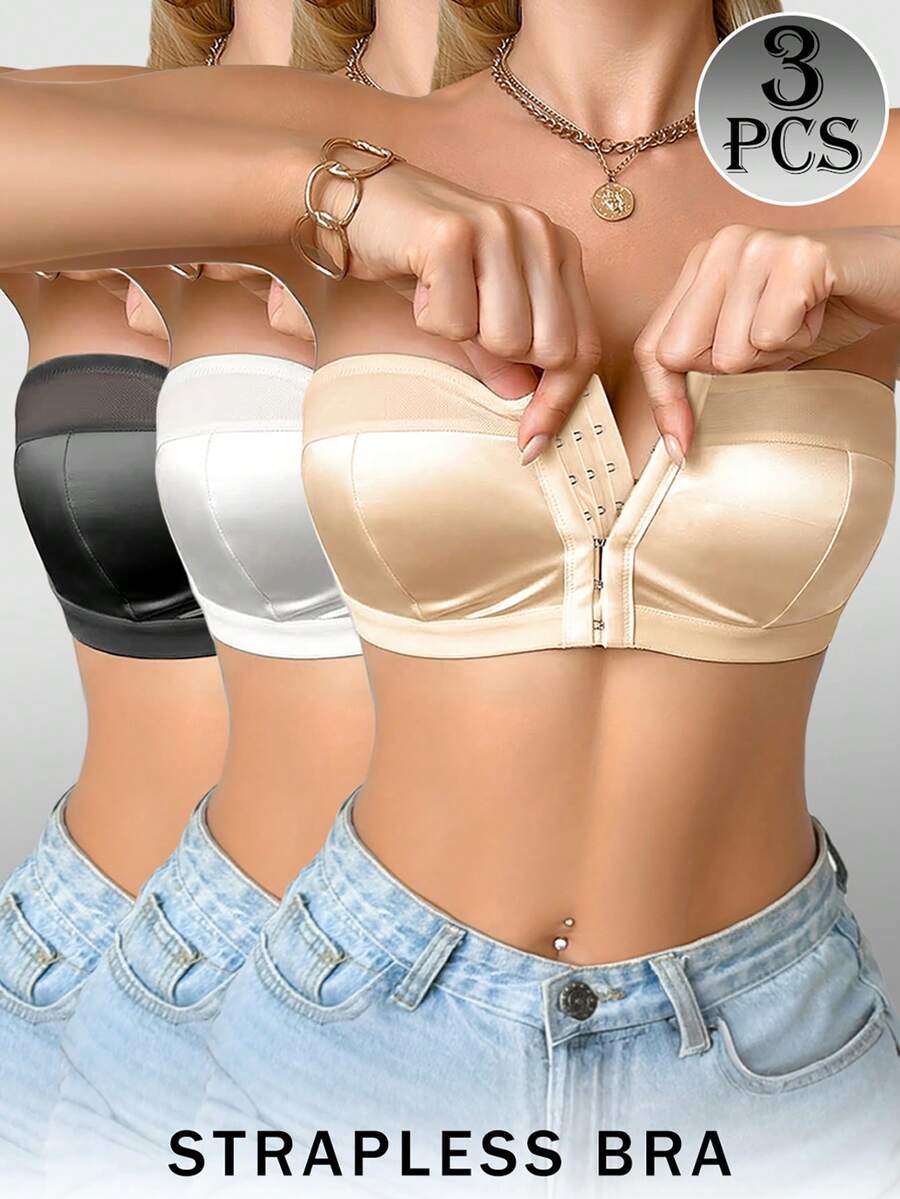3 chiếc áo ngực không dây cài trước cho nữ, áo bandeau nâng ngực chống trượt không đường may, phù hợp cho váy dạ hội, áo trễ vai, mặc hàng ngày - Nhiều màu - Xem 1