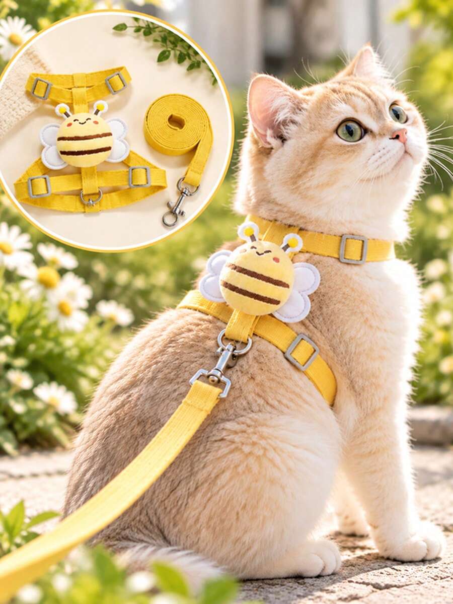 1 Set Pet Leash Set - Cute Bee Design Collar And Leash - Outdoor Cat And Dog Training Leash Set - Suitable For Small Pets - Pet Supplies, Cat And Dog Leash And Collar - Essential Pet Supplies For Small/Medium Dogs And Cats - Multicolor - View 1