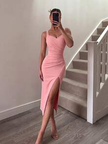 ADYCE Elegant Thick Strap High Waist High Slit Midi Party Dress, Suitable For Prom, Evening Party, Date, Homecoming Party, Wedding Guest, Formal Dinner, Family Holiday, Pink - Pink - View 2