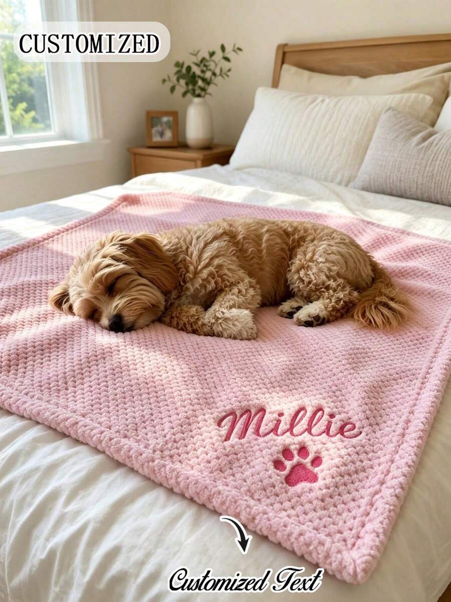 Personalized Embroidered Pet Name Dog Blanket, Customized Cotton Puppy Blanket, Dog Mom Gift, Comfortable Pet Blanket, Cat Blanket, New Puppy Gift - Multicolor - View 1